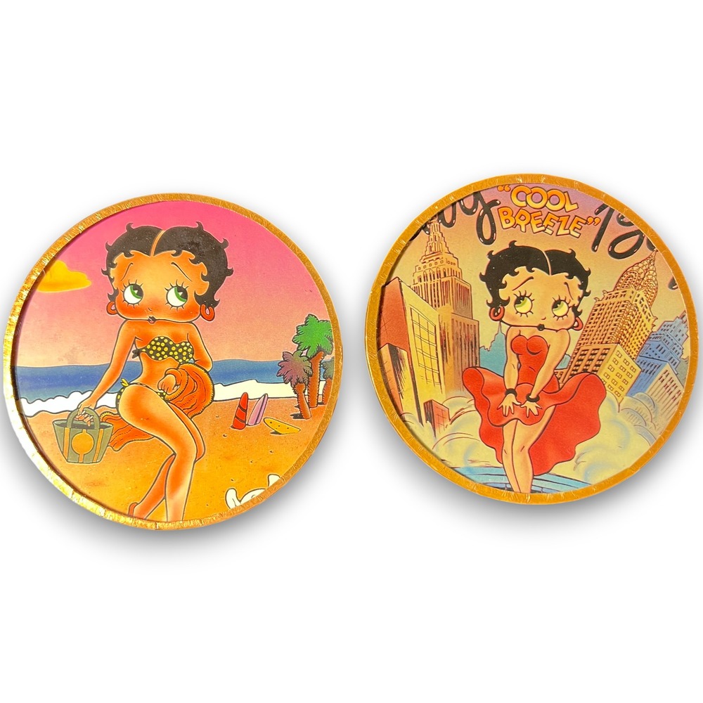Vintage Retro Betty Boop 3" Mirrored Coasters Copper Rim Set of 2 Pin Up Pose